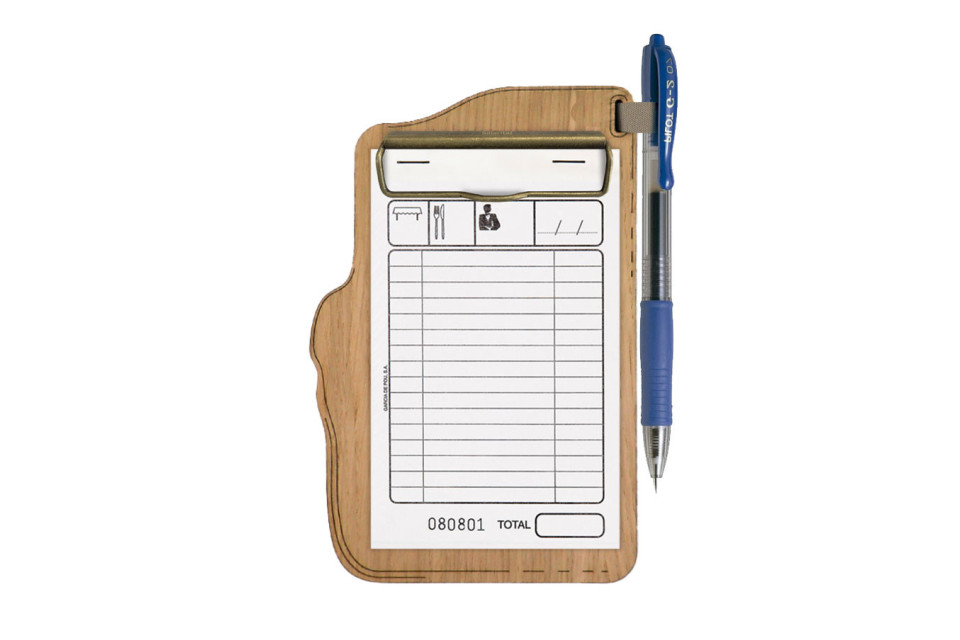 ERGO - Waiter's Notepad Holder Wooden menu holders Wooden waiter’s order holder with a metal clip and textile detail for hang...