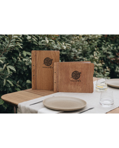CLASSIC - A4 horizontal letter Wooden menu boards The classic letter evolved with textile upholstery on the inner sides, boun...